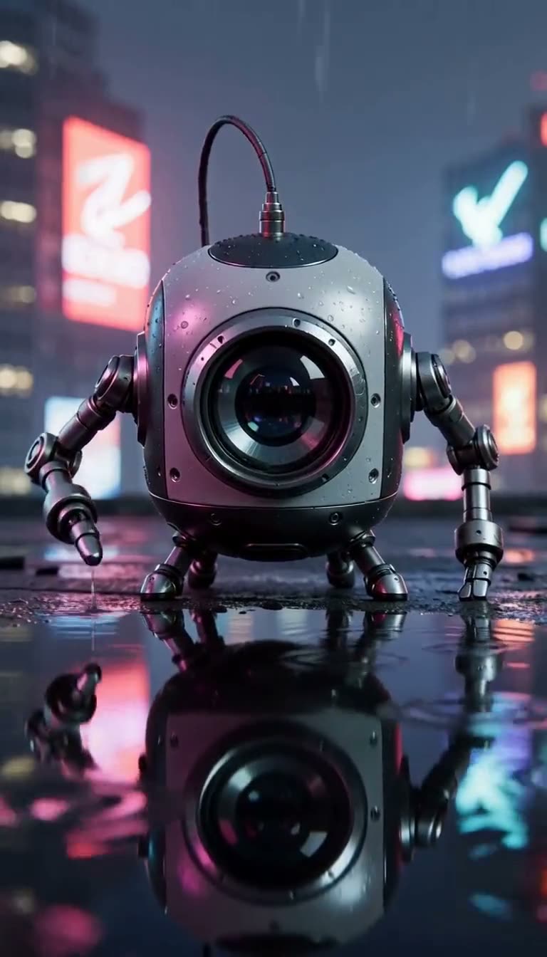 A small robot looking into a puddle in a Lightloom H3 video scene