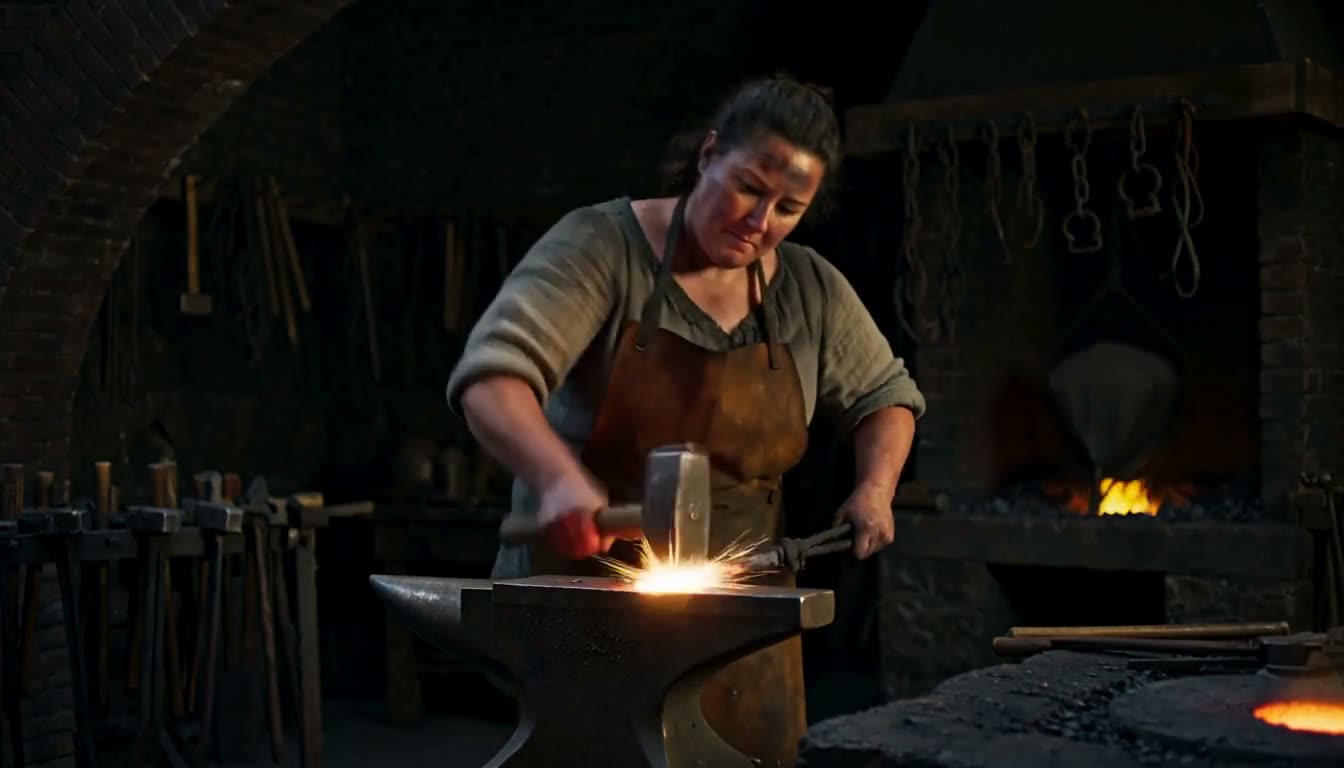 A blacksmith strikes a glowing bar before quenching it in water, a still from an H3 video generated on this site