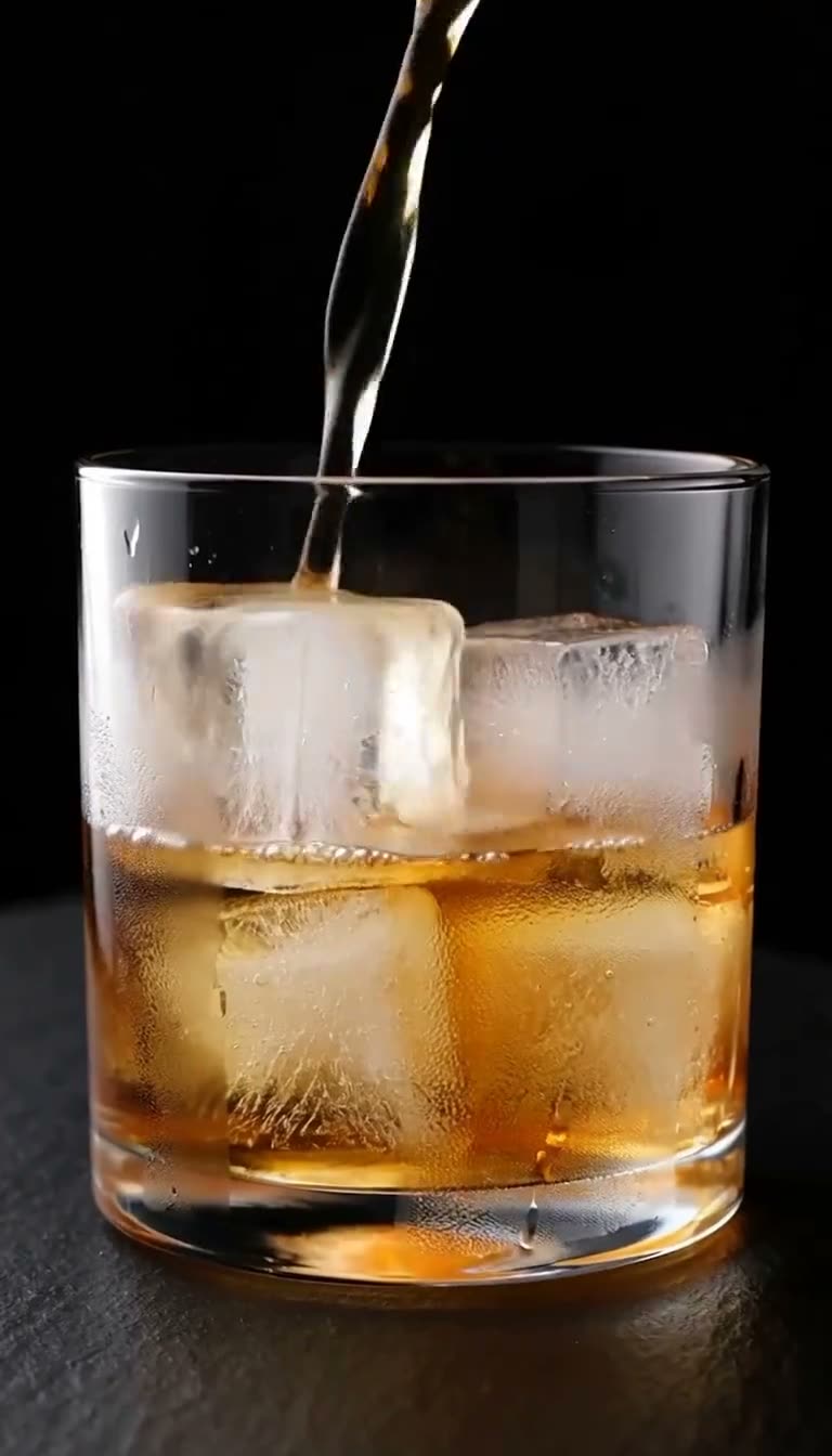 Soda pours over ice in macro, lit like a product shot — a frame from an H3 video generated on this site