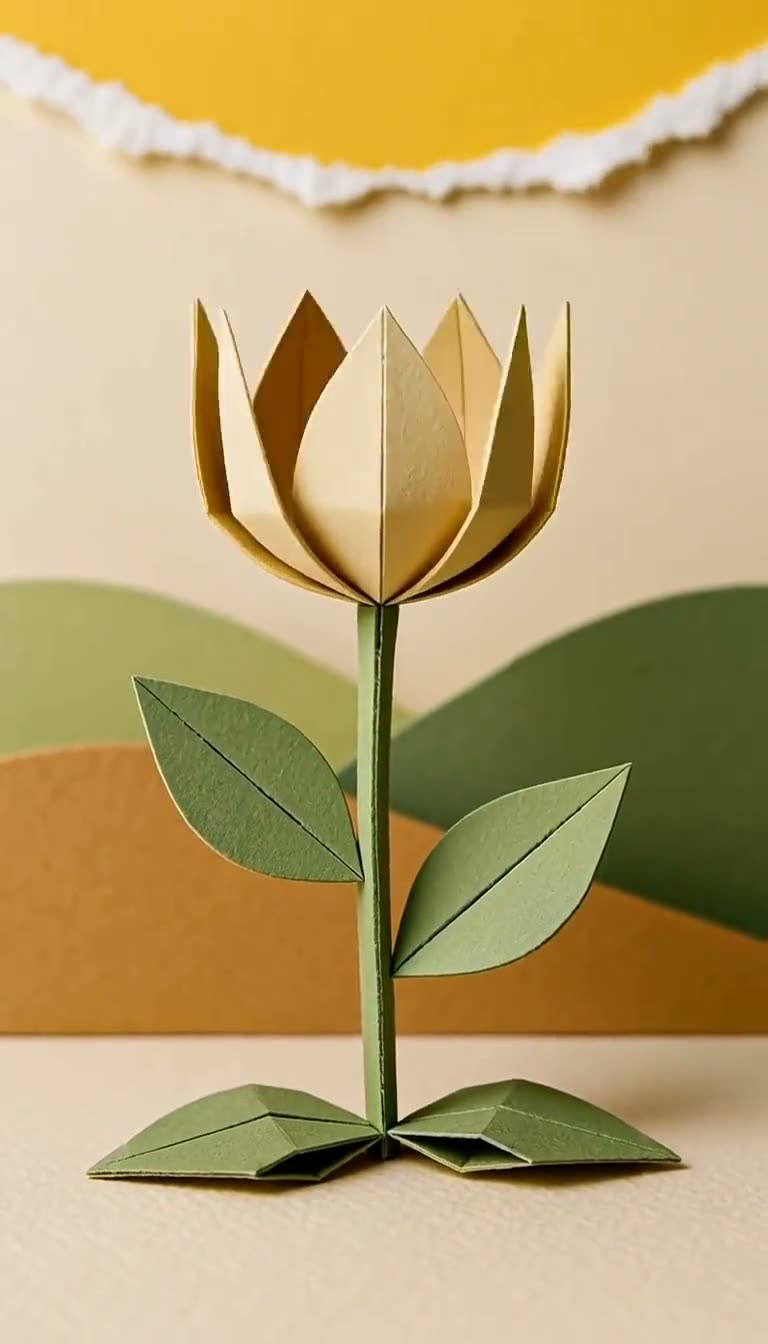 Still from an H3 video generated on this site: a paper seed unfolds into a cut-paper tulip, stop-motion style